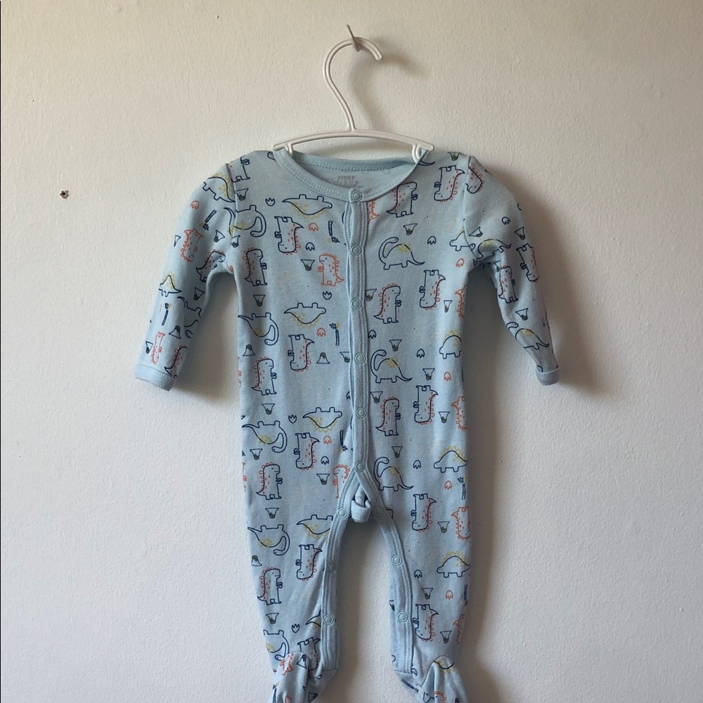 Light Blue Dinosaur Print Footed One-Piece for Kids